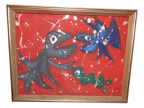 Susanne Kjær 
Modern red oil painting with fish