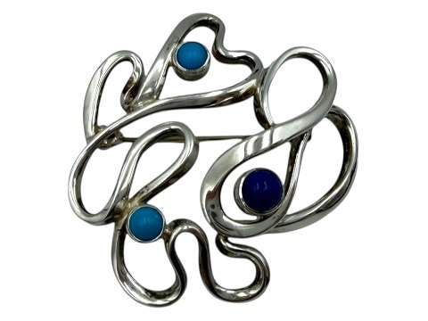 John Victor Rørvig sterling silverModern brooch with turquoises and lapis lazuli stones from 1980-1990