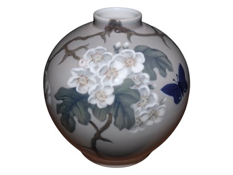 Bing & Grondahl, Round vase with white flower branches and a butterfly