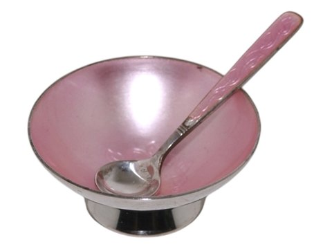 Danish Sterling silverSmall salt jar and spoon with pink enamel