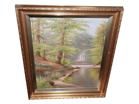 Børge RuudLarge, impressive landscape painting – an evocative spring landscape featuring light green foliage and a quiet stream winding through the forest.