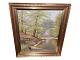 Børge RuudLarge, impressive landscape painting – an evocative spring landscape featuring light green foliage and a quiet stream winding through the forest.